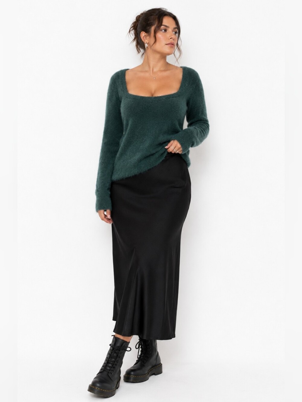 NWT ASTR Emerald Green Fuzzy Square Neck Sweater Top XL $59